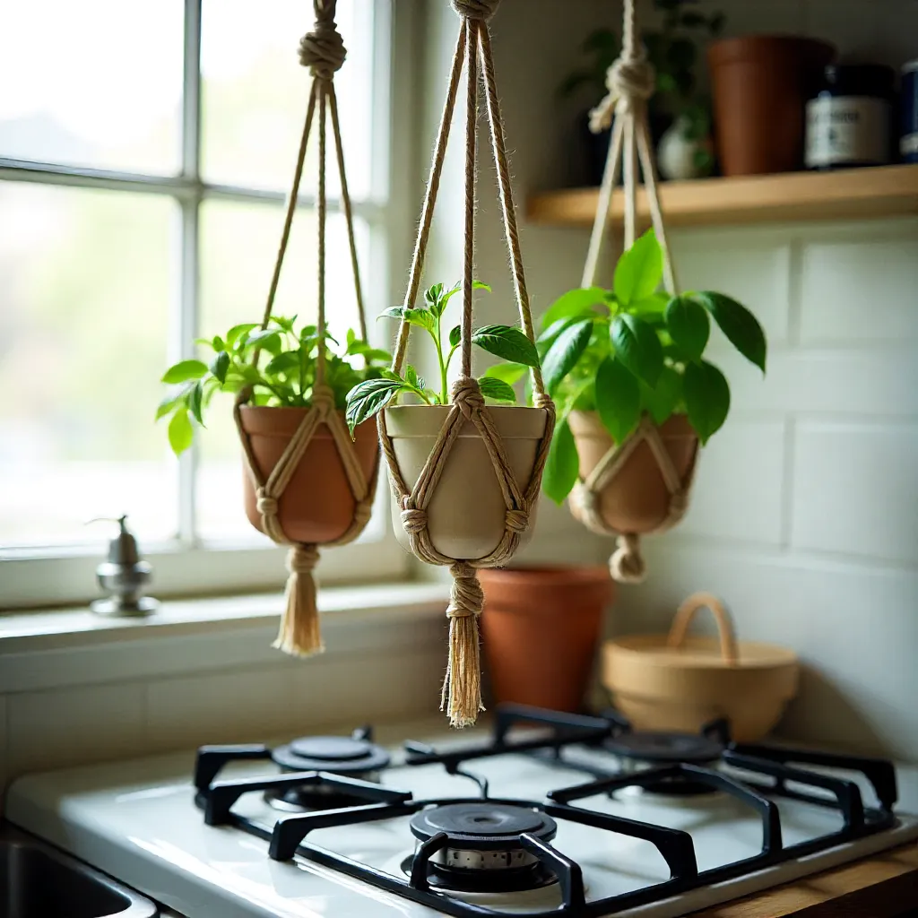 Hanging macrame planters with herbs